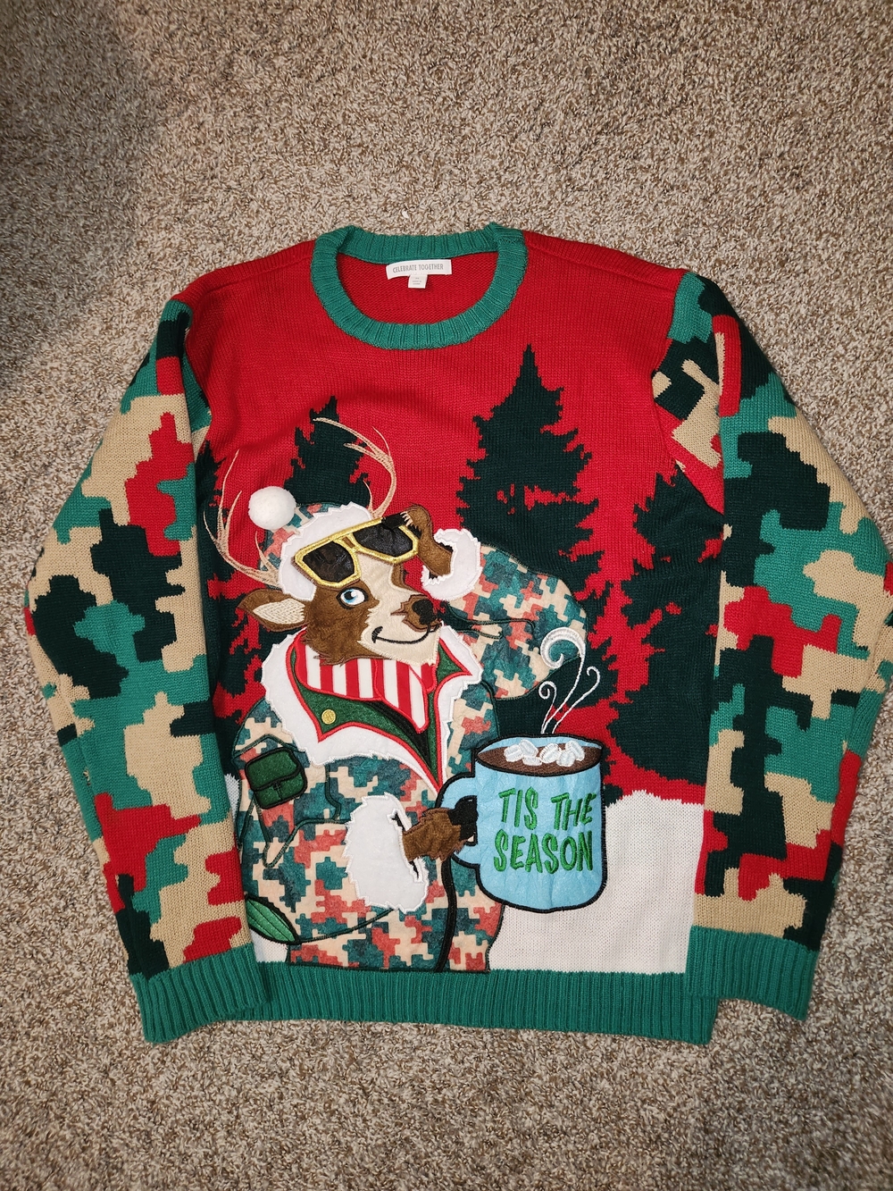 Men's Red & Green Holiday Reindeer Crewneck Sweater